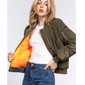 NWT Fate Army Green Zip Up Cropped Bomber Jacket With Ribbed Cuffs And Neckline